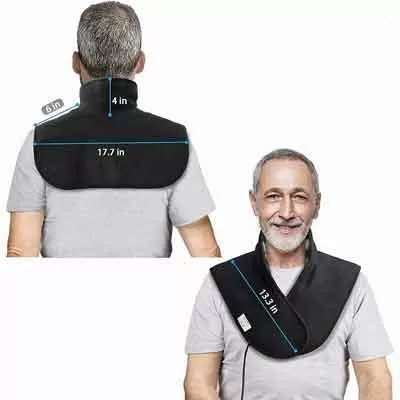 Image of front and back of UTK neck and shoulder heat pad worn by a man 