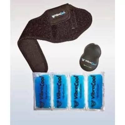 Image of VibraCool Extended Use unit, compression strap and 4-chamber ice pack   